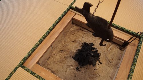 The irori hearth in a traditional samurai house in Izumi city.