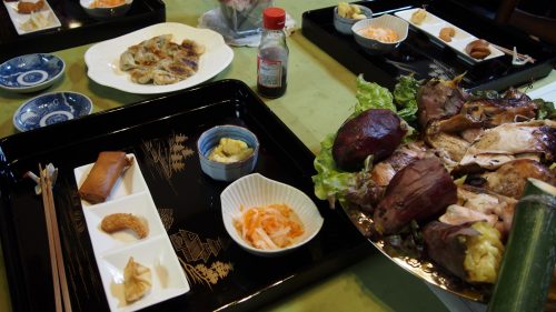 A huge homemade dinner at my farm stay experience in Izumi, Kyushu.