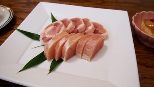 Super fresh raw chicken served at Uomatsu restaurant in Izumi, Kagoshima.