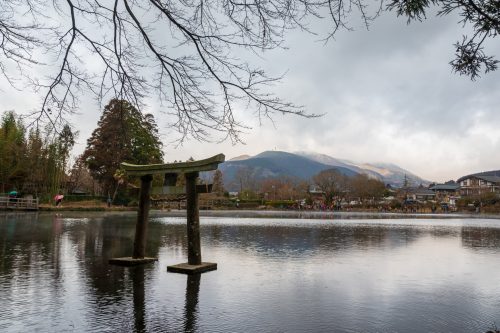 Tenso Shrine torii on Kinrin Lake in Yufu.