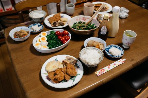 Meal at Wakabayashi Farm Stay in Yufu city, Oita.