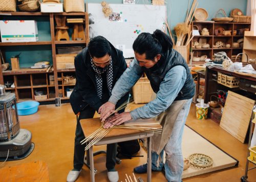 Experiencing Oita bamboo weaving in Yufu city, Kyushu.