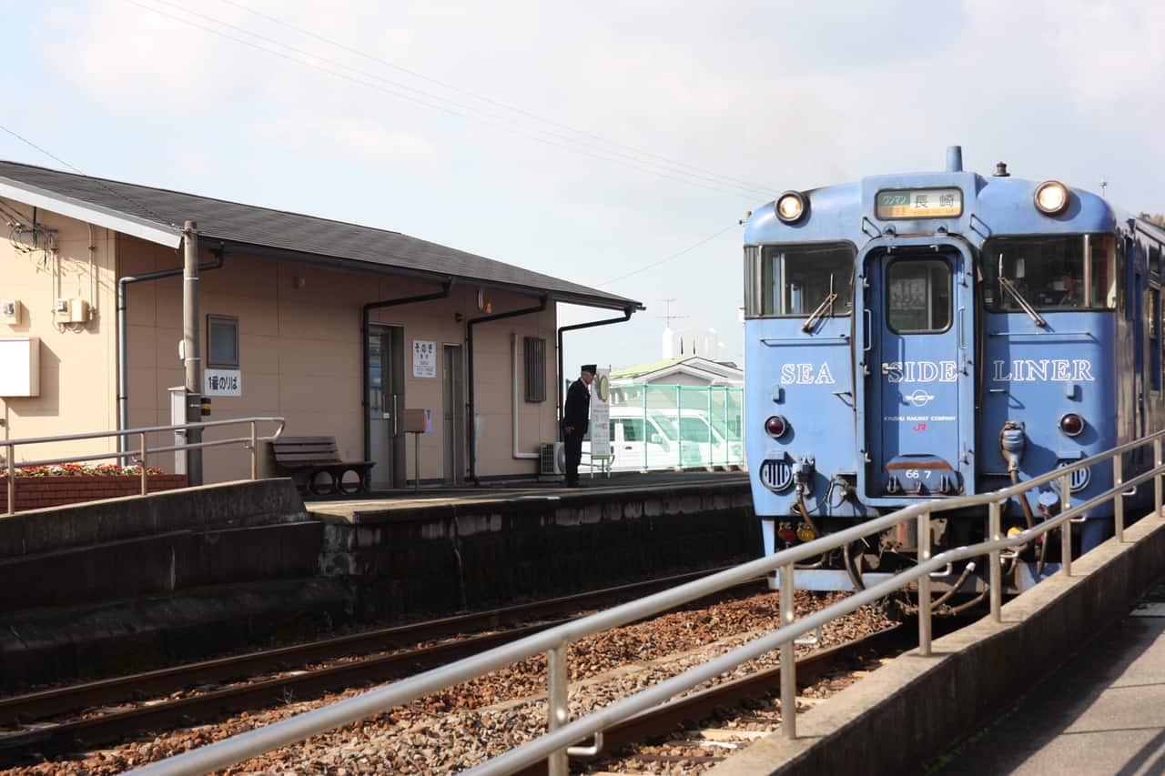 Sea side liner, a local train between Fukuoka and Nagasaki, Kyushu, Japan.