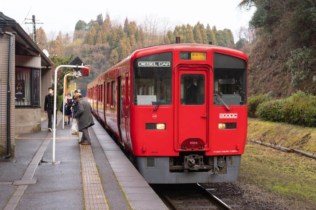 Asaji station and train in Bungo-ono, Oita, Kyushu, Japan.