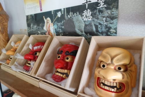 Masks on display at Amanoiwato Kibori studio