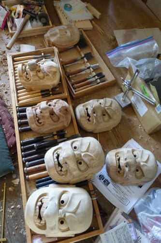 Unfinished carved kagura masks from Takachiho.