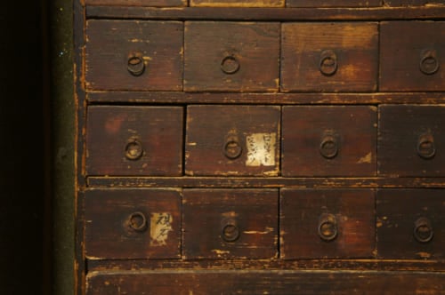 Detail of a small antique piece of furniture with drawers in Tomayranse's room
