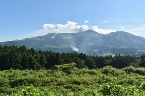 View of Aso Caldera from Konomama Ryokan in Kumamoto Prefecture, Kyushu, Japan