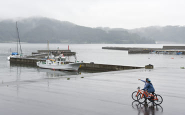 Cycling along the coast of Kamaishi City.
