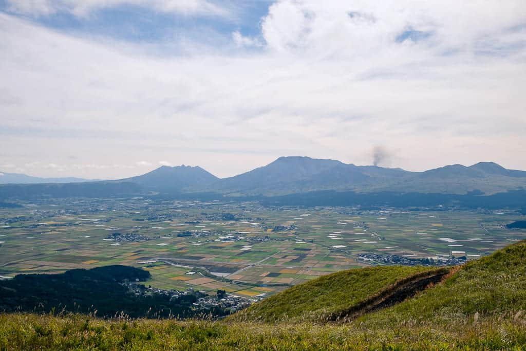 Kumamoto landscape with volcano and farmland in Japan