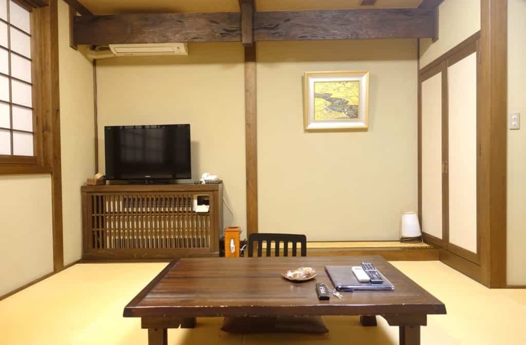 The ryokan lounge with exposed beams