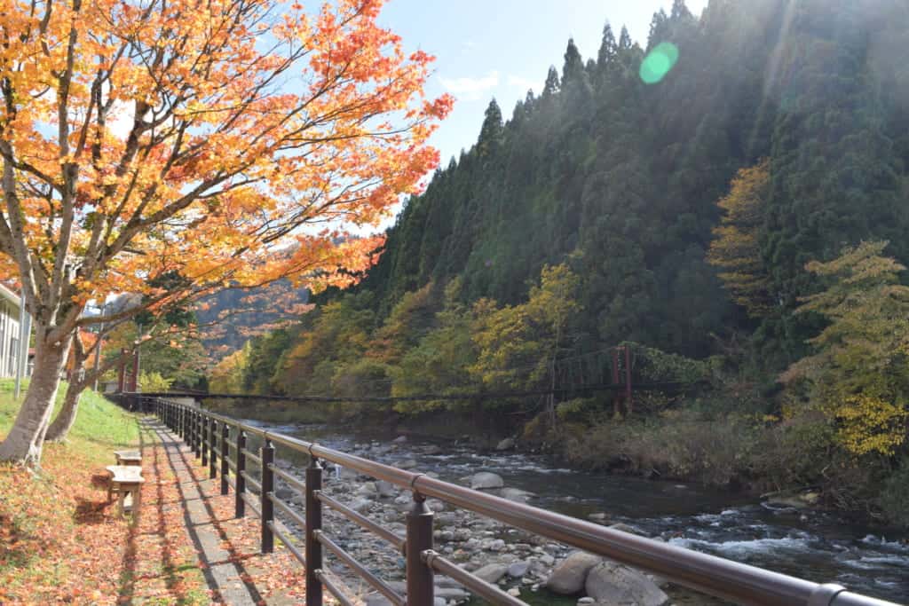 Peaceful walking trail along the river to Kawara no Yukko