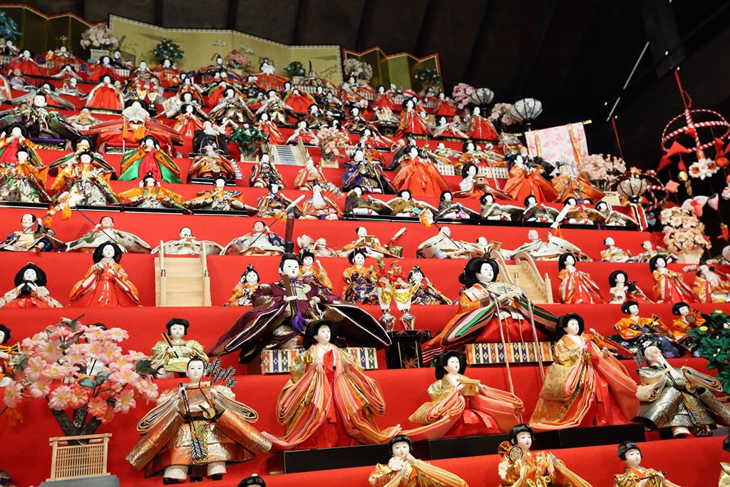 Traditional dolls display for Girl's day on red stairs