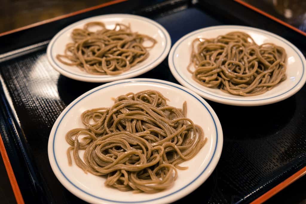 Dark Japanese soba noodles in Izushi Castle town in Hyogo, Japan