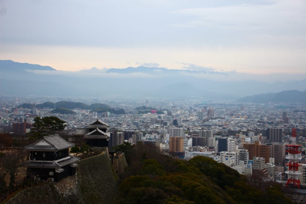 Panoramic view from Matsuyama castle in Ehime, Shikoku, Japan.