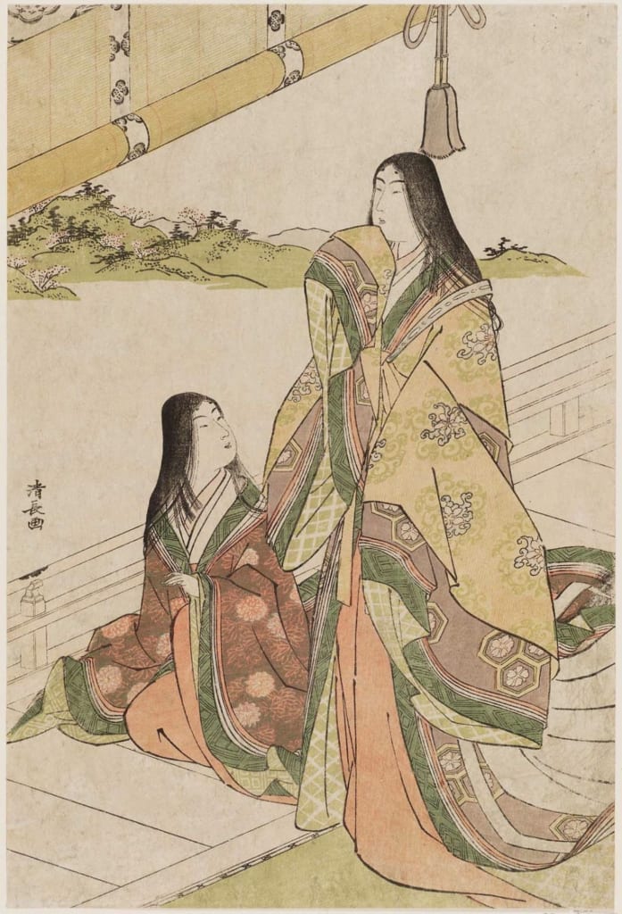 Japanese print by Torii Kiyonaga showing two women