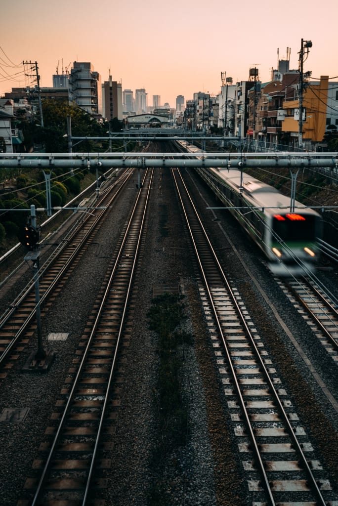 JR Yamanote Line train at sunset