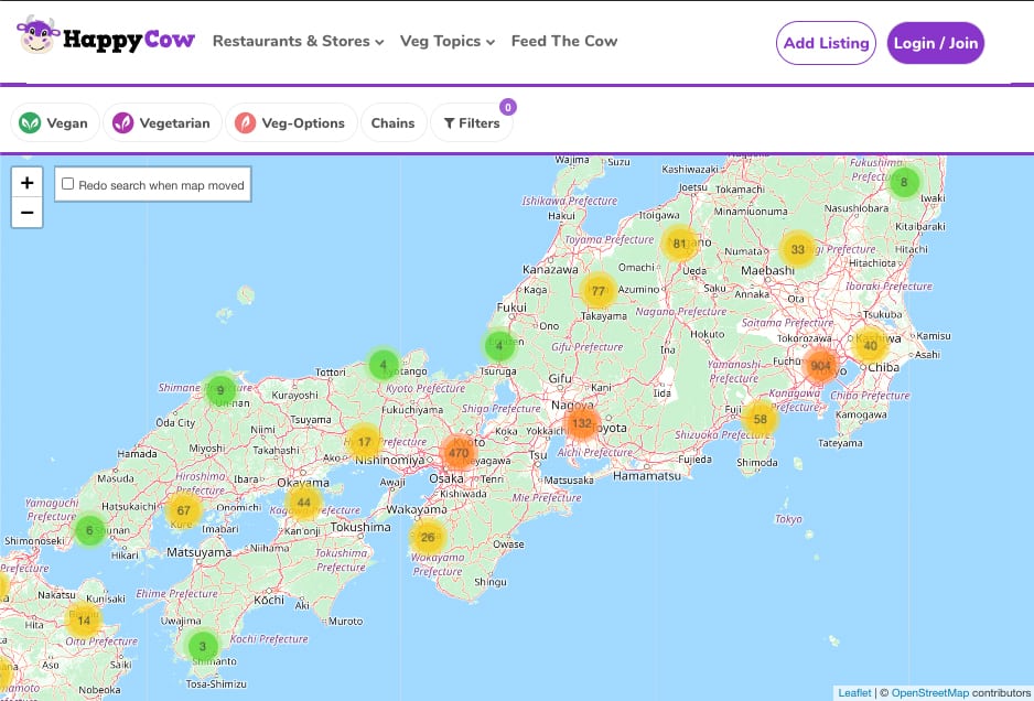Happy Cow website: map of vegan and vegetarian restaurants in central Japan