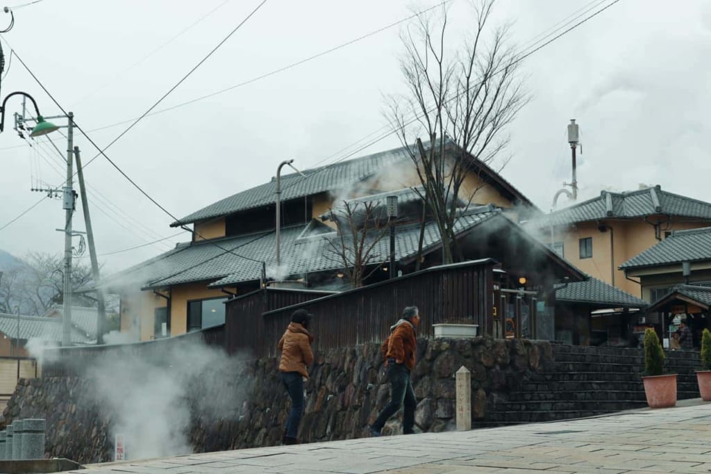 Streets of Beppu, with the steam going up from the floor