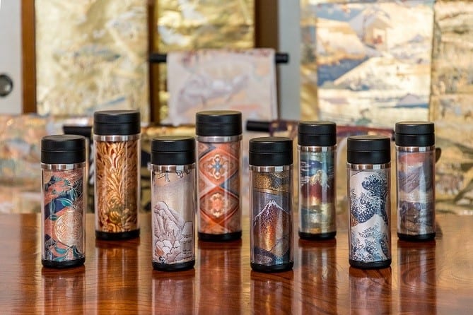 Vintage obi depicting scenes of Hiroshige Utagawa's 53 Stations of the Tokaido reconstructed into tumblers