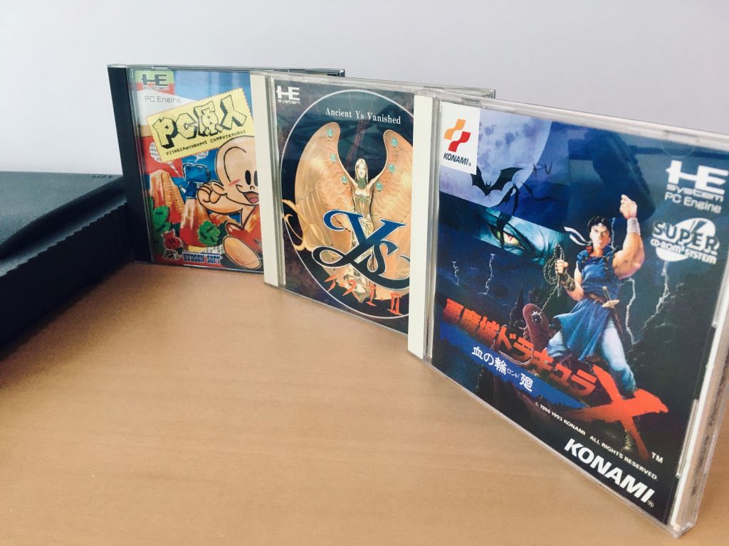 Classic titles for the PC Engine (TurboGrafx-16) (left to right): PC Genjin (Bonk's Adventure), Ys I & II, Akumajo Dracula X: Chi no Rondo (Castlevania: Rondo of Blood)