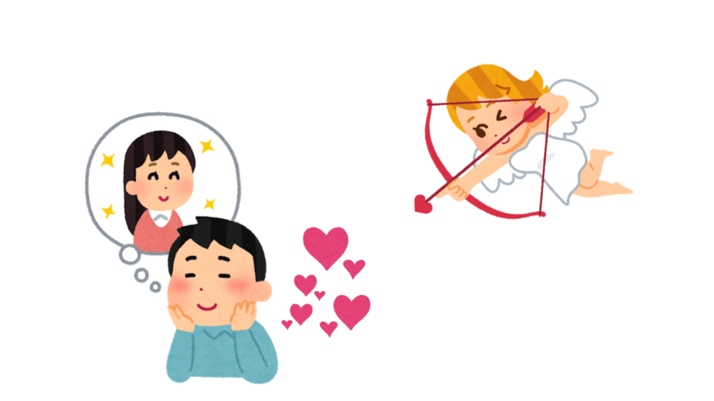 illustration of cupid throwing an arrow at a man who thinks about his beloved