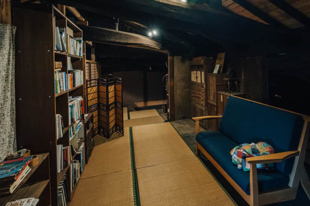 Upstairs at Yanoya is a bookcase and an area to relax and read.