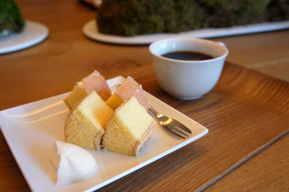 a delicious japanese cake with a cup of tea 