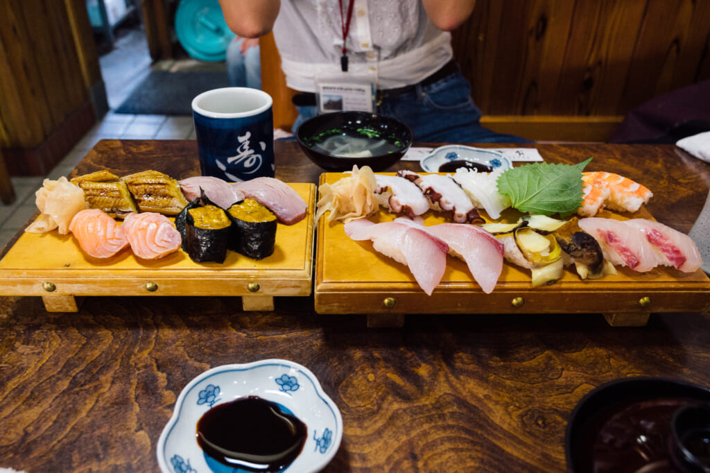 Plates of sushi at Sushi Heiroku on Ojika Island