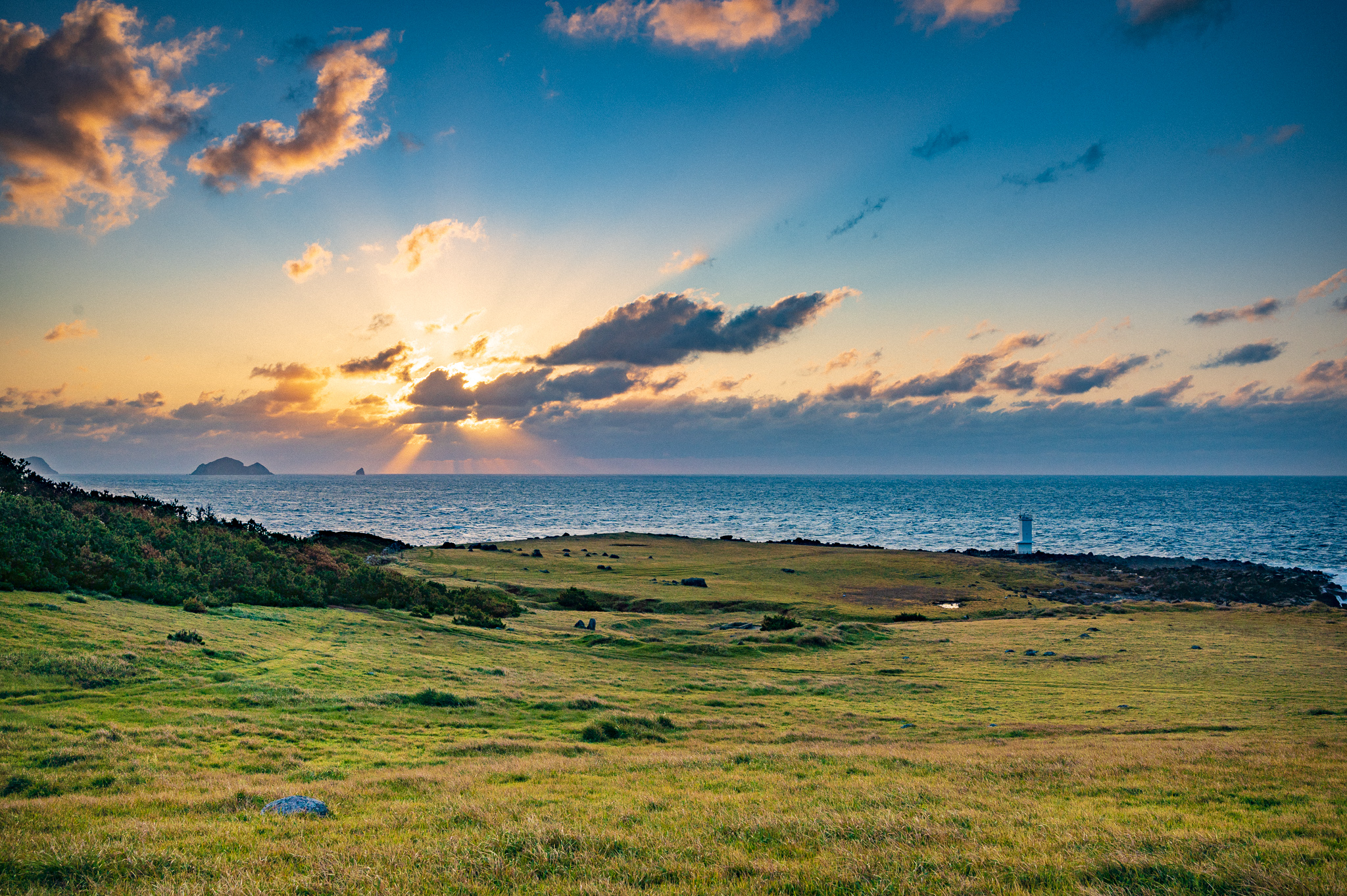 sunset over a cow pasture on ojika island