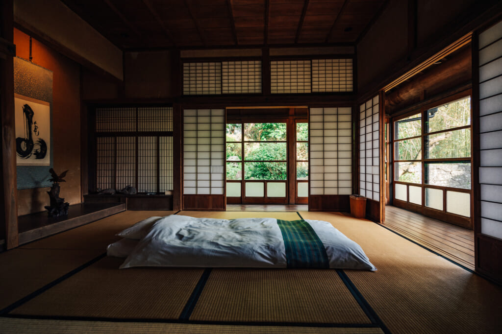 A solo futon in Ichie-an kominka on Ojika Island