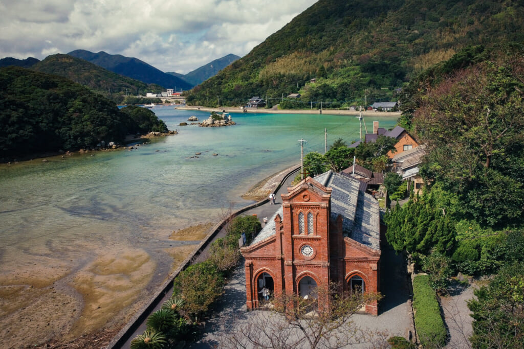 A drone eye view of hidden christian monument Dozaki church on the Goto islands