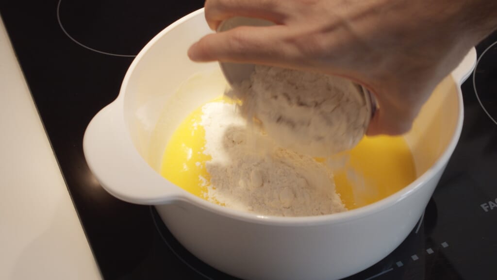 put the flour in the melted butter