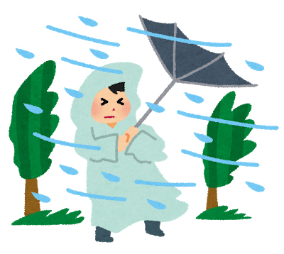 Illustration of a Japanese outside during typhoons in Japan