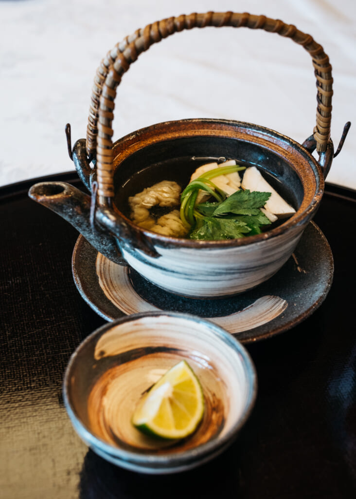 Japanese broth and matsutake mushroom dish