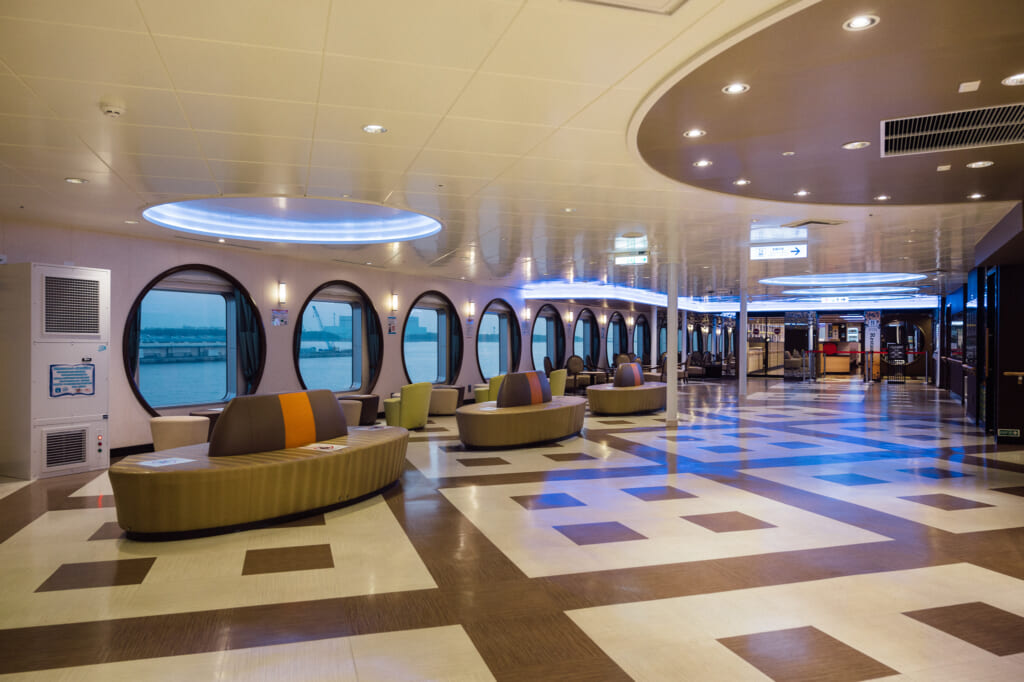 common area for guests aboard the Sunflower Ferry in Japan