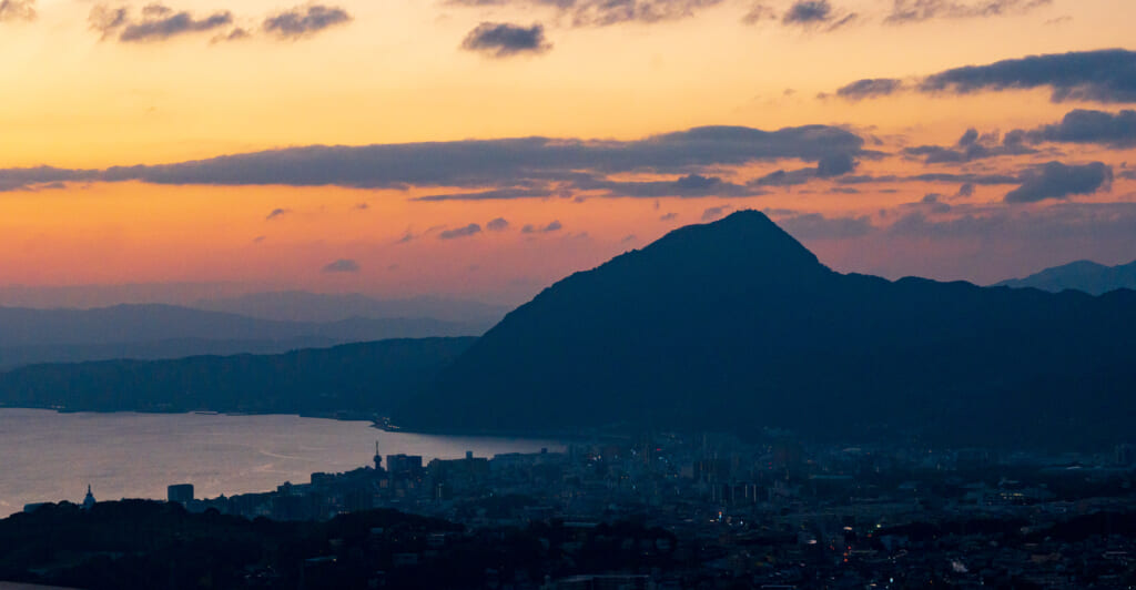 Onsen capital, Beppu city landscape at nighttime, kyushu