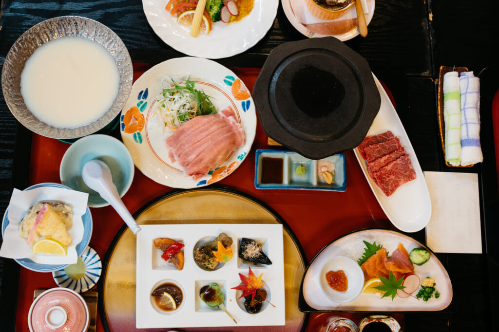 A full meal of traditional japanese dishes and cuisine served in usuki, Kyushu