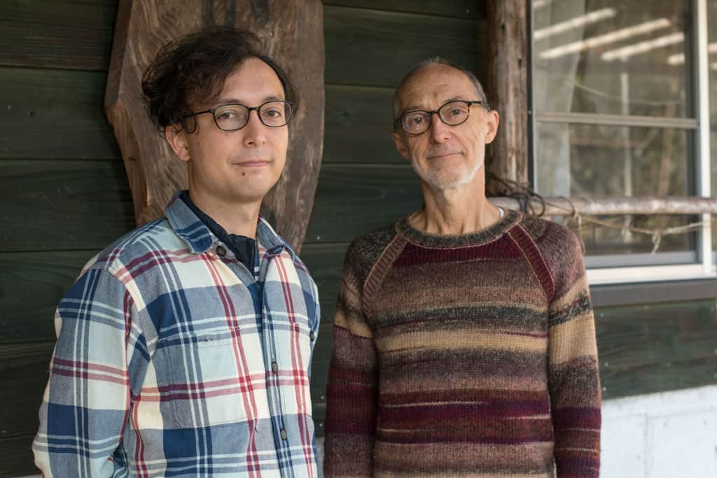 Dutch artisan Rogier Uitenboogaart and son at Kamikoya washi paper workshop on Yusuhara, Shikoku