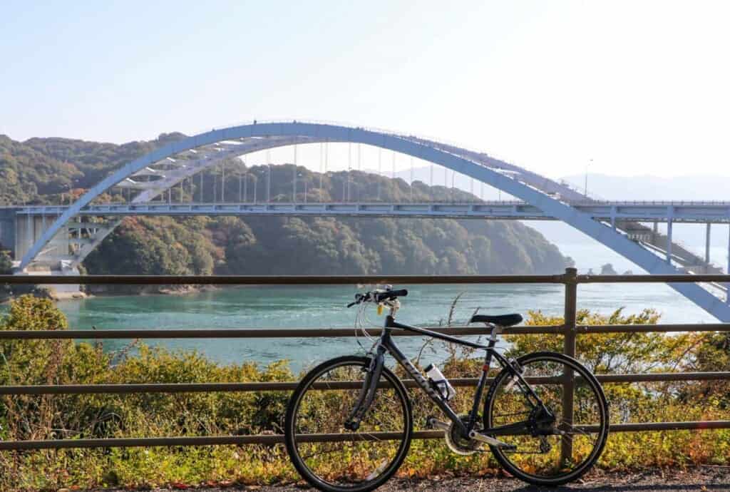 Bike in front of Omishima Bridge, on Omishima Island