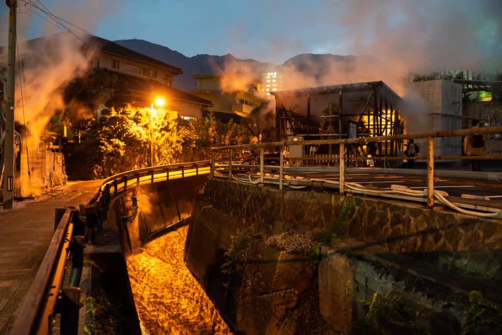 nightview of beppu and onsen steam in Oita prefecture