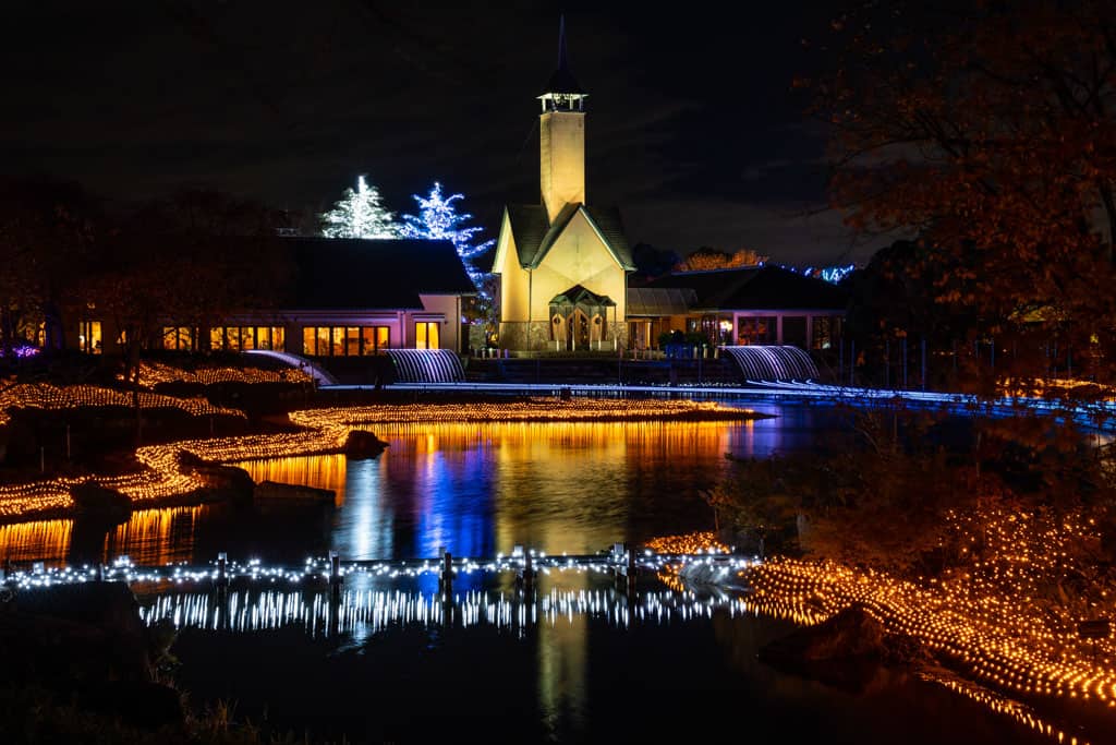 Pound and building lit up by illuminations at Nabana no Sato