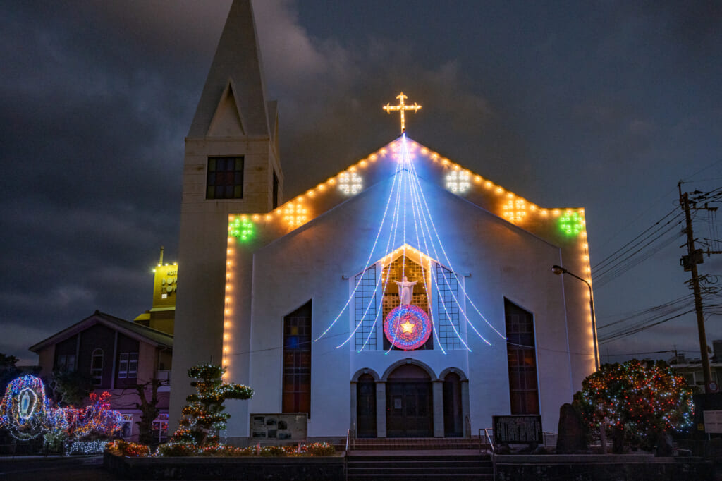 japanese church with illuminations