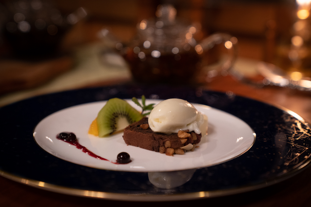 Fancy dessert of brownie, ice cream and fruit in Mie prefecture