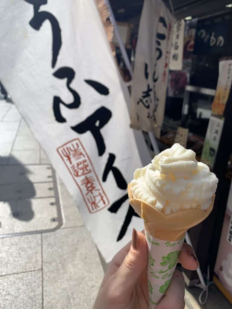 A silky and creamy cone of tofu-flavored soft-serve ice cream from Ishii.