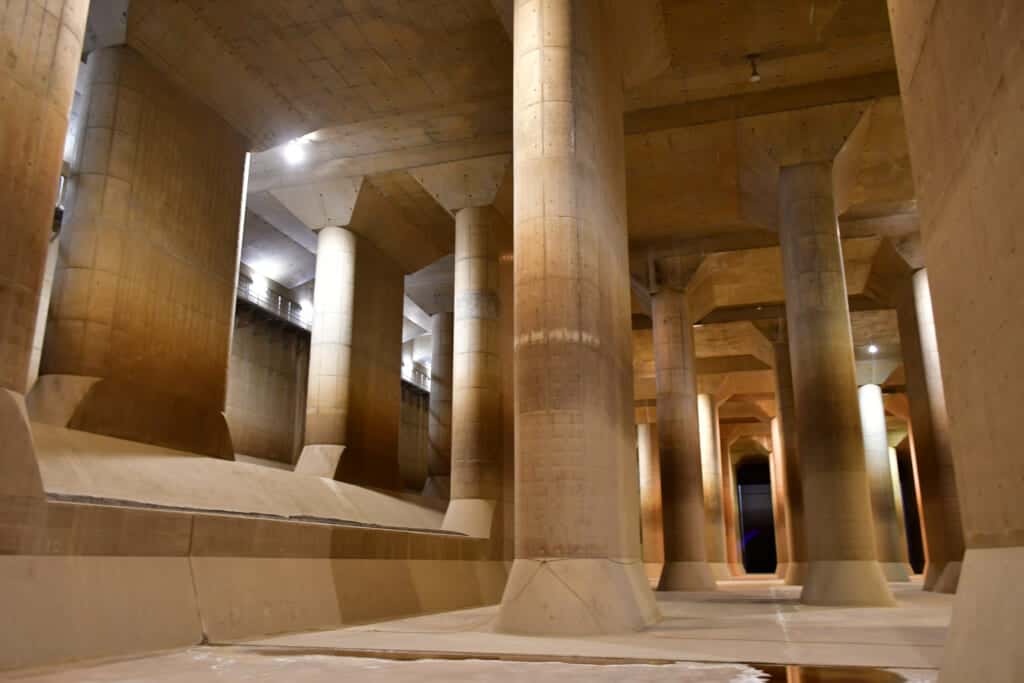 Ryu-Q-kan, underground water diversion project in Tokyo metropolitan area that looks like a temple with its pollars-like water pumps