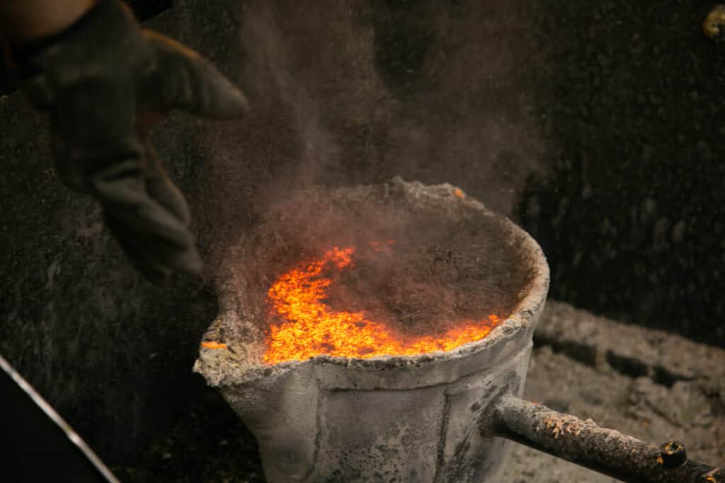 melted metal in a foundry in Japan