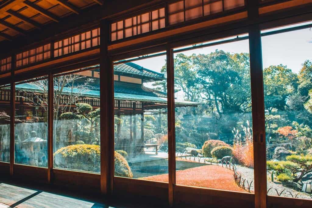 Garden view from inside traditional Japanese restaurant in Sakai, Japan