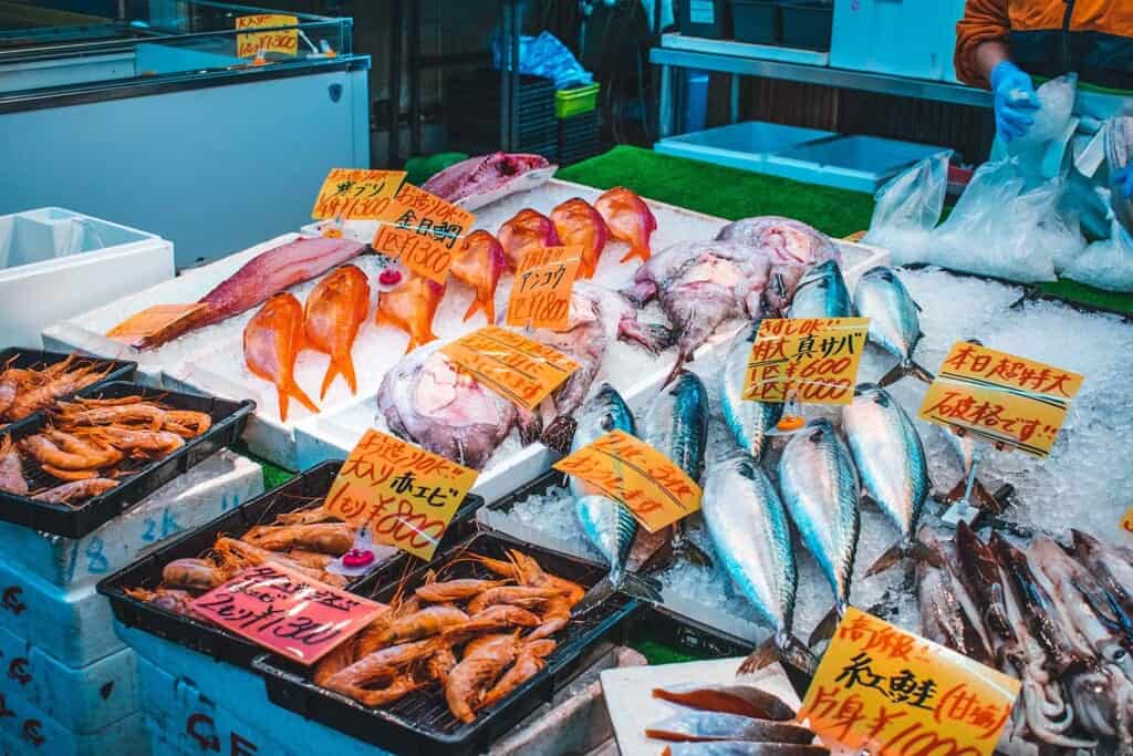 Fresh seafood displayed at market in Osaka, Japan