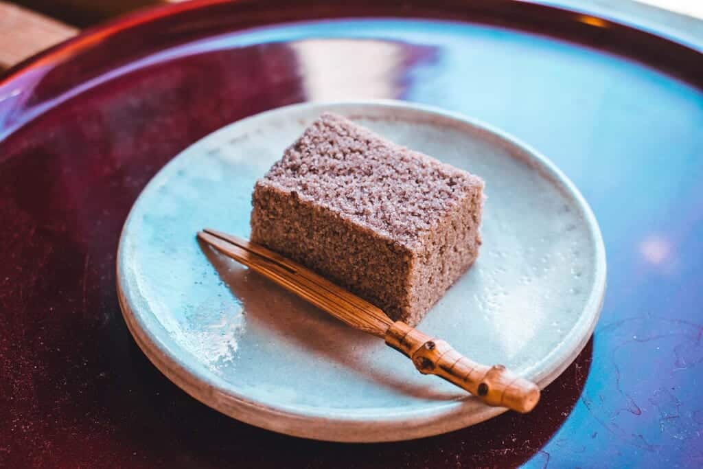 Japanese dessert called Murasame on a plate in Osaka, Japan